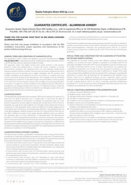GUARANTEE CERTIFICATE – ALUMINIUM JOINERY